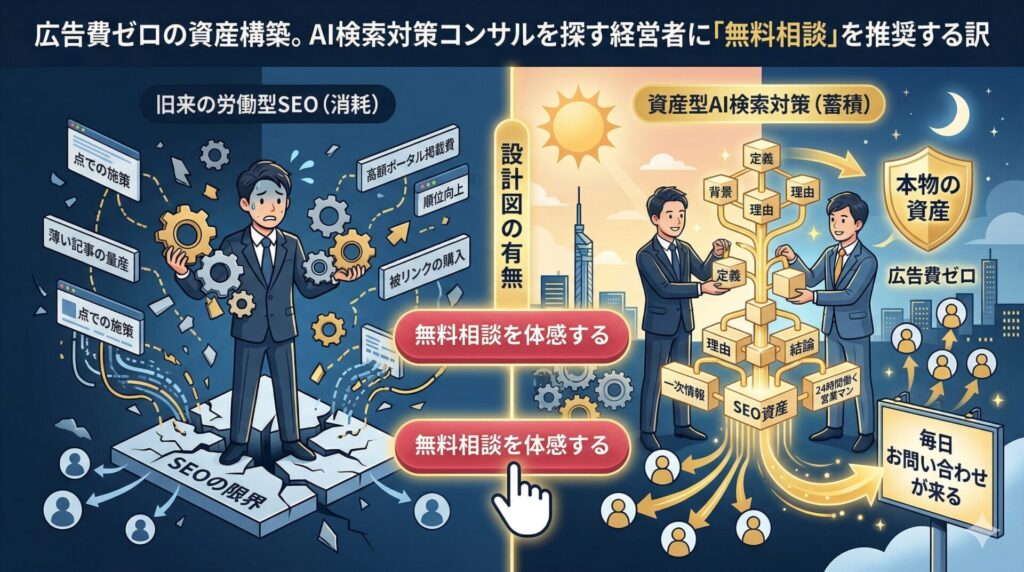 旧来の労働型SEOの限界と、Growth Partners Japanが提供する資産型AI検索対策の違いを図解したインフォグラフィック。左側は「被リンクの購入」や「薄い記事の量産」といった点での施策により足元が崩れ、疲弊する経営者の様子。右側は自社の「一次情報」を元に、「定義・背景・理由・結論」という論理構造を積み上げ、広告費ゼロで24時間集客する「本物の資産（SEO資産）」を構築している様子。中央には、正しい設計図を手に入れる分岐点として「無料相談を体感する」ボタンが配置されています。