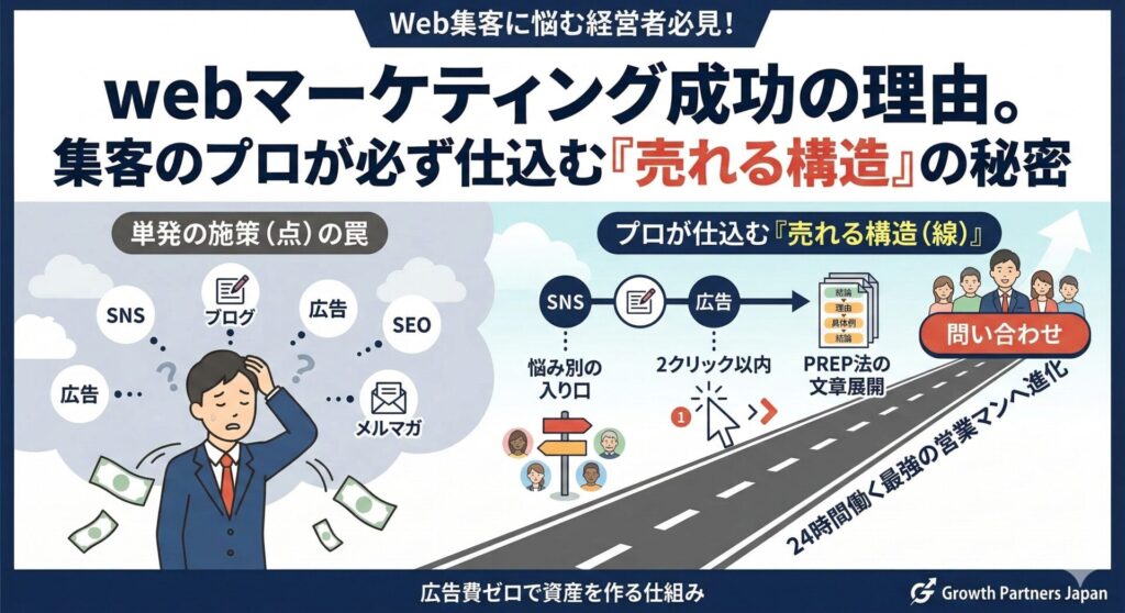 webマーケティング成功の理由を図解。左側はSNSやブログなどの単発の施策（点）に迷い資金を失う罠。右側は悩み別の入り口、2クリック以内の階層、PREP法の文章展開を用いて、プロが仕込む「売れる構造（線）」へと繋がり、問い合わせを生む仕組みを対比しています。