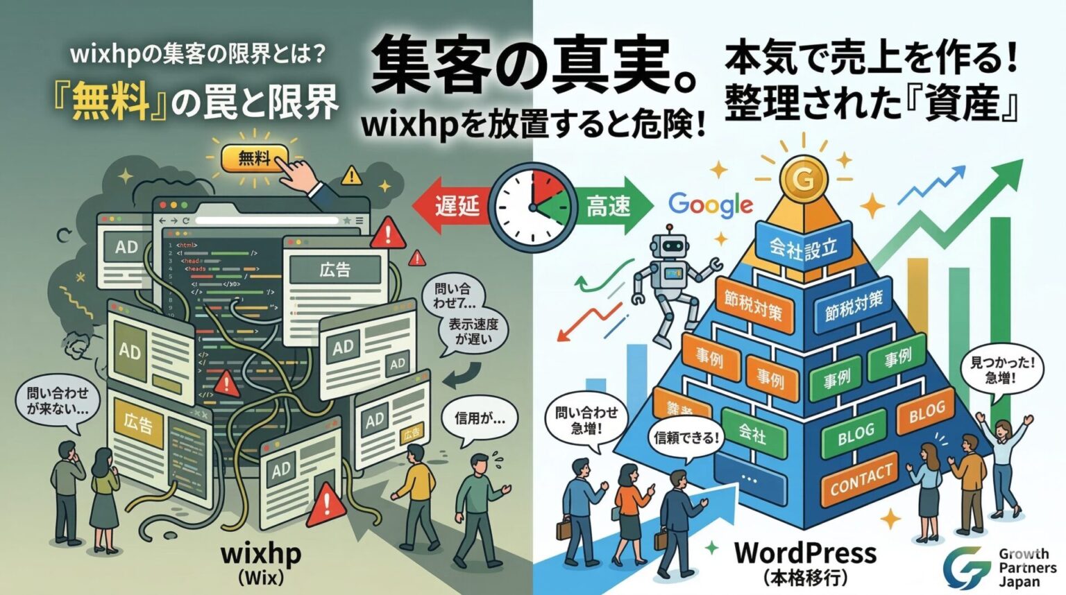 wixhpの集客の限界と無料の罠を図解。左側は広告表示や表示遅延、複雑な構造で問い合わせが来ない状態。右側はWordPressへ本格移行し、綺麗に整理されたピラミッド型のサイト構造でGoogleからの評価と顧客の信頼を獲得し、売上を作る資産になった状態を対比しています。