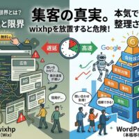 wixhpの集客の限界と無料の罠を図解。左側は広告表示や表示遅延、複雑な構造で問い合わせが来ない状態。右側はWordPressへ本格移行し、綺麗に整理されたピラミッド型のサイト構造でGoogleからの評価と顧客の信頼を獲得し、売上を作る資産になった状態を対比しています。