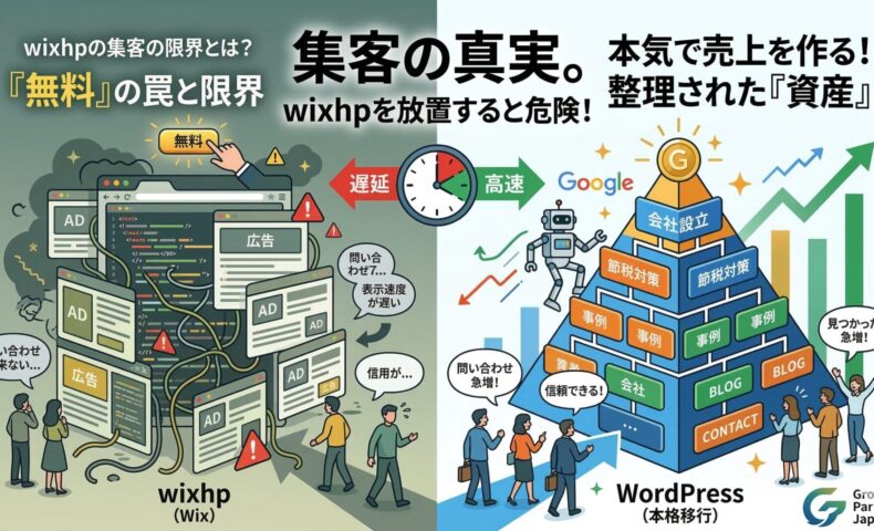 wixhpの集客の限界と無料の罠を図解。左側は広告表示や表示遅延、複雑な構造で問い合わせが来ない状態。右側はWordPressへ本格移行し、綺麗に整理されたピラミッド型のサイト構造でGoogleからの評価と顧客の信頼を獲得し、売上を作る資産になった状態を対比しています。