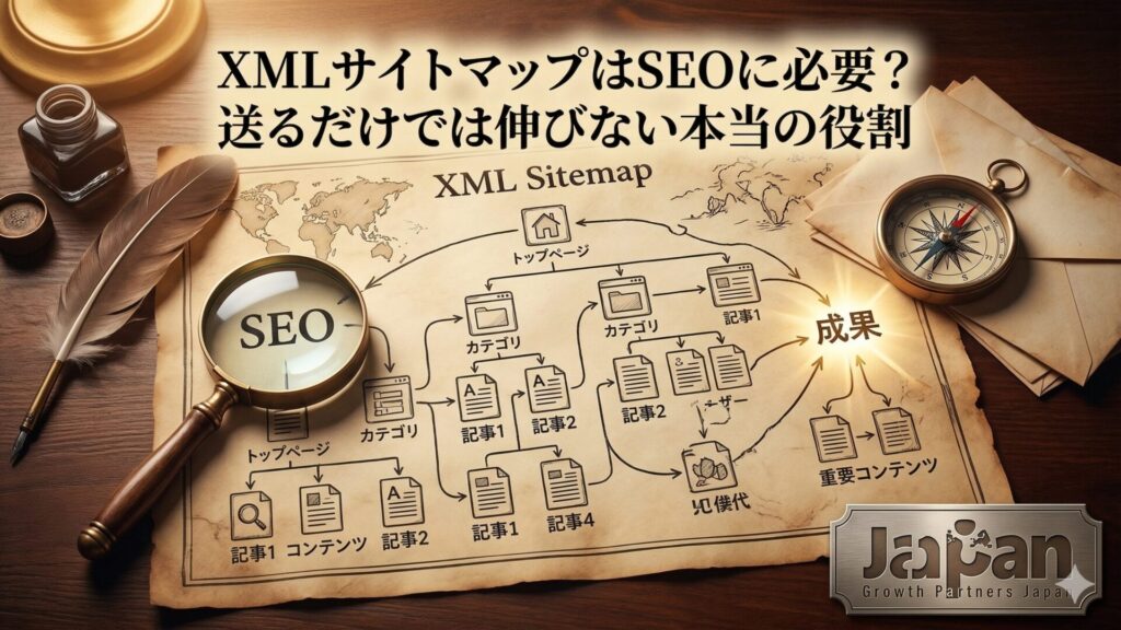 XMLサイトマップの役割を、地図・拡大鏡・導線図で表現し、SEO成果は送信だけでなくサイト構造全体で決まることを示したアイキャッチ画像