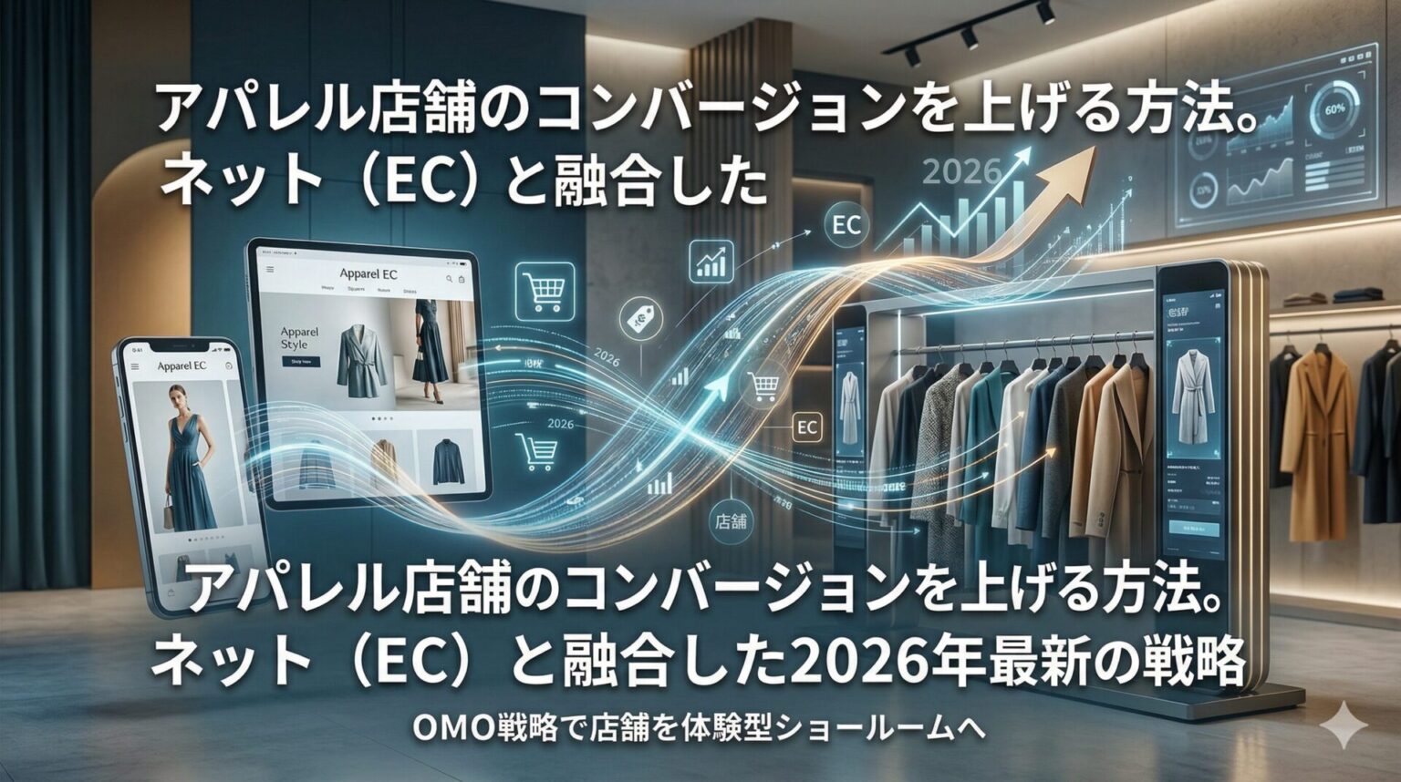 アパレル店舗のコンバージョンを上げる方法。ネット（EC）と融合した2026年最新の戦略の記事用アイキャッチ画像。ネット（EC）上の顧客データ（左側の端末）と実店舗の体験（右側の売り場）を数据導線でシームレスに繋ぐ「OMO戦略（Online Merges with Offline）」の全体設計図を図解しています。日本語の記事タイトルテキストが含まれています。