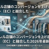 アパレル店舗のコンバージョンを上げる方法。ネット(EC)と融合した2026年最新の戦略の記事用アイキャッチ画像。ネット(EC)上の顧客データ(左側の端末)と実店舗の体験(右側の売り場)を数据導線でシームレスに繋ぐ「OMO戦略(Online Merges with Offline)」の全体設計図を図解しています。日本語の記事タイトルテキストが含まれています。