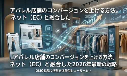 アパレル店舗のコンバージョンを上げる方法。ネット（EC）と融合した2026年最新の戦略の記事用アイキャッチ画像。ネット（EC）上の顧客データ（左側の端末）と実店舗の体験（右側の売り場）を数据導線でシームレスに繋ぐ「OMO戦略（Online Merges with Offline）」の全体設計図を図解しています。日本語の記事タイトルテキストが含まれています。