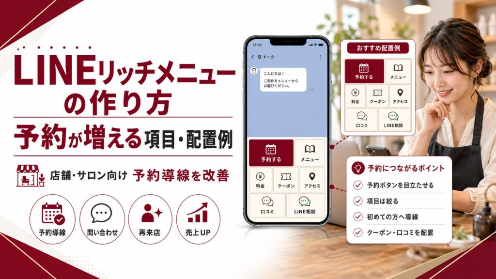 LINEリッチメニューの作り方をテーマに、予約ボタン、メニュー、料金、クーポン、アクセス、口コミ、LINE相談などの配置例を示したアイキャッチ画像
