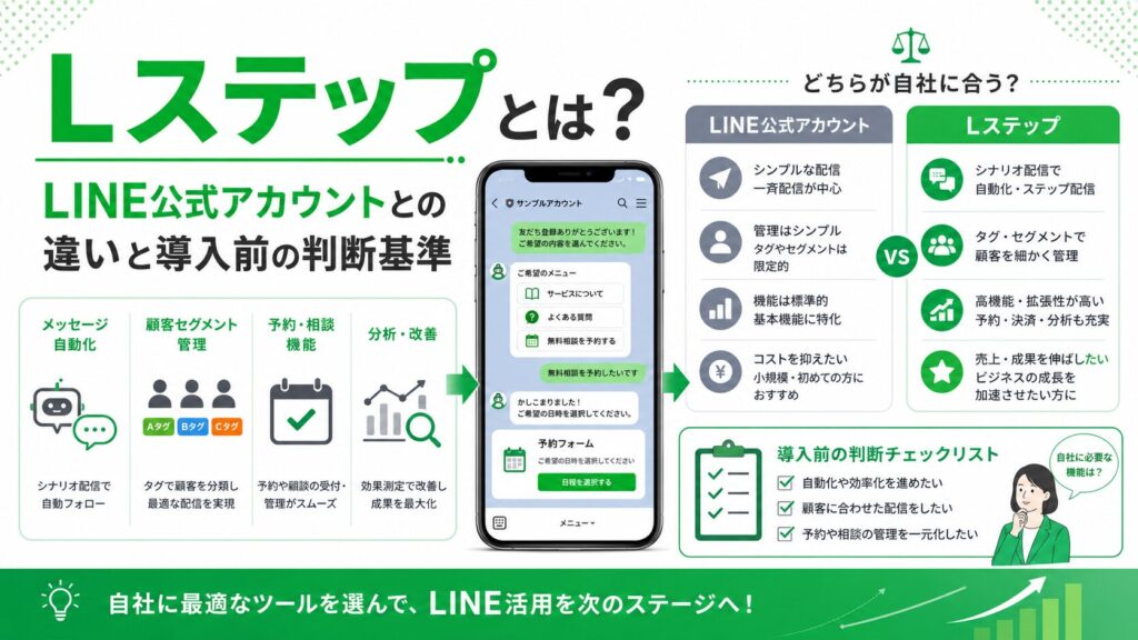 Lステップとは何かをテーマに、LINE公式アカウントとの違い、メッセージ自動化、顧客セグメント管理、予約・相談機能、導入前の判断基準を示したアイキャッチ画像