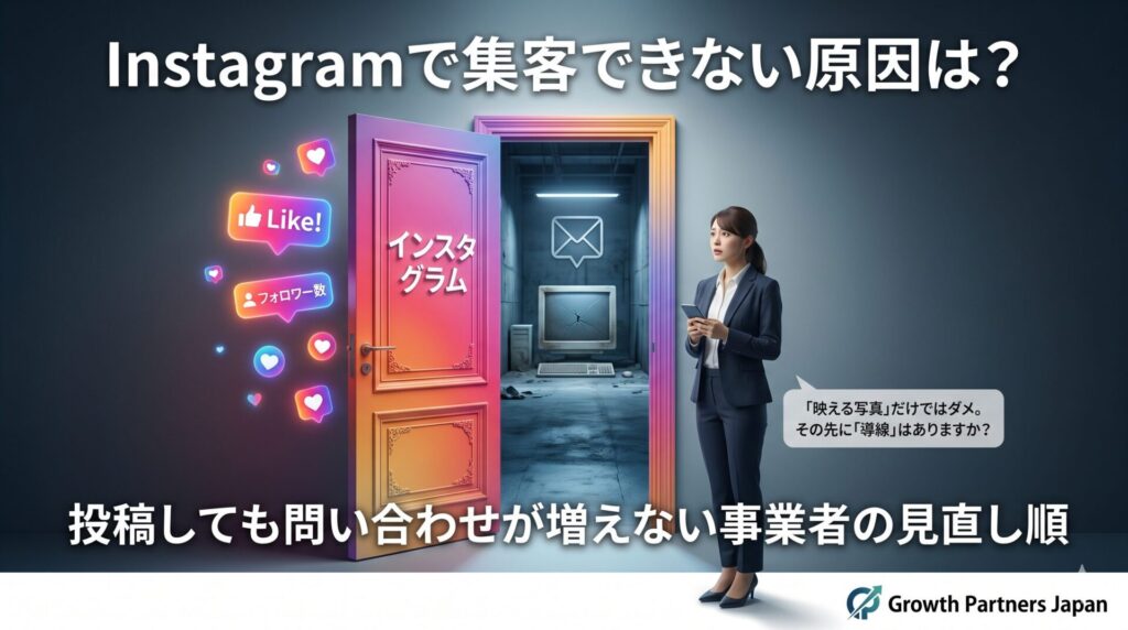 Instagramで集客できない原因を、フォロワー数や映える投稿だけでは成果につながらず、問い合わせ導線の見直しが必要だと表現したアイキャッチ画像
