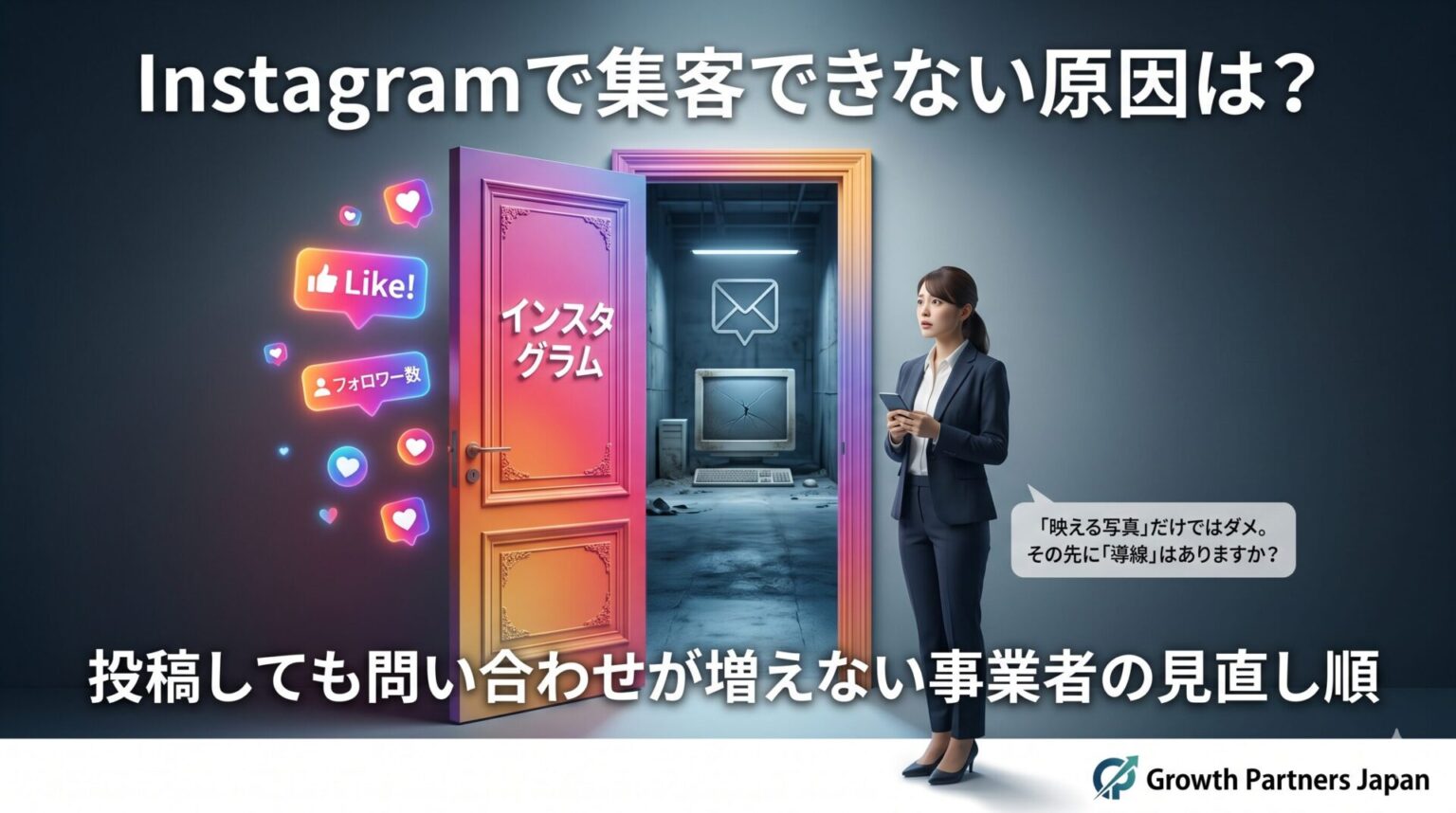 Instagramで集客できない原因を、フォロワー数や映える投稿だけでは成果につながらず、問い合わせ導線の見直しが必要だと表現したアイキャッチ画像