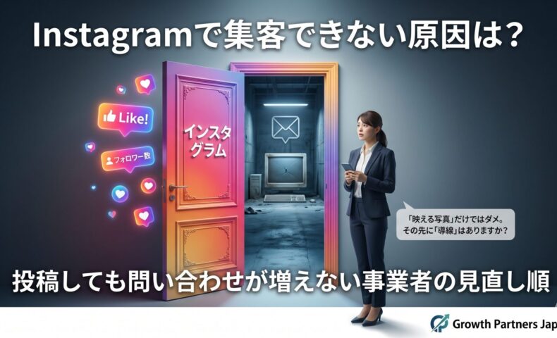 Instagramで集客できない原因を、フォロワー数や映える投稿だけでは成果につながらず、問い合わせ導線の見直しが必要だと表現したアイキャッチ画像