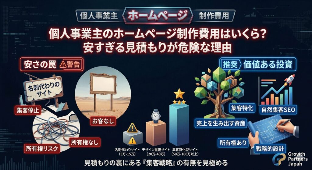「個人事業主のホームページ制作費用はいくら？安すぎる見積もりが危険な理由」記事のアイキャッチ画像。5万〜15万円の「安さの罠（集客停止・所有権リスク）」と、50万〜100万円以上の「推奨される価値ある投資（集客特化・自然集客SEO）」を対比し、見積もりの裏にある集客戦略の有無を見極める重要性を表した図解。