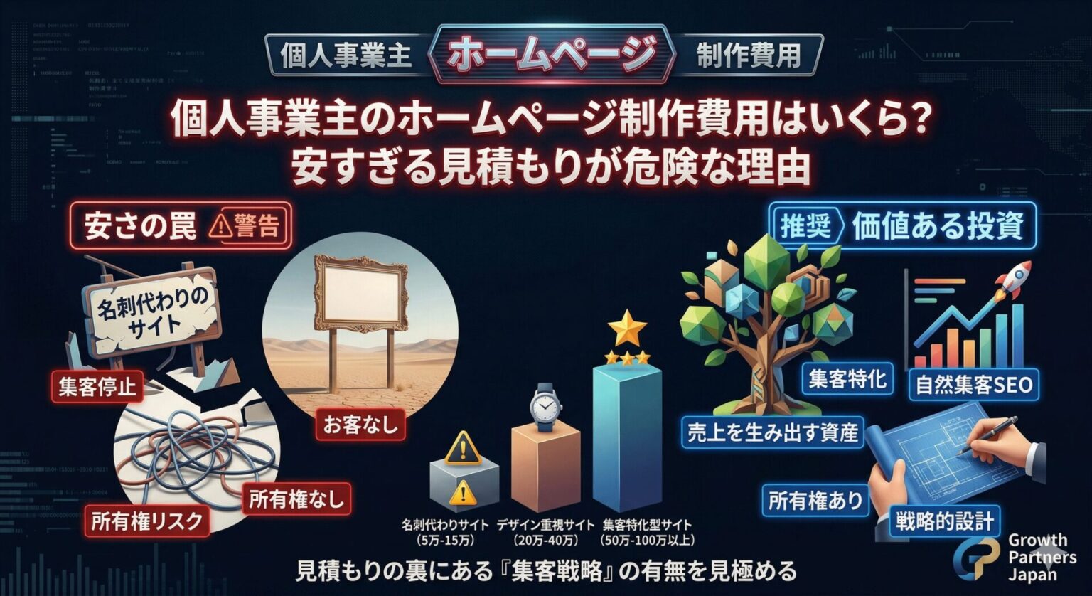 「個人事業主のホームページ制作費用はいくら？安すぎる見積もりが危険な理由」記事のアイキャッチ画像。5万〜15万円の「安さの罠（集客停止・所有権リスク）」と、50万〜100万円以上の「推奨される価値ある投資（集客特化・自然集客SEO）」を対比し、見積もりの裏にある集客戦略の有無を見極める重要性を表した図解。