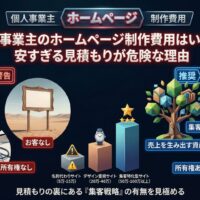 「個人事業主のホームページ制作費用はいくら?安すぎる見積もりが危険な理由」記事のアイキャッチ画像。5万〜15万円の「安さの罠(集客停止・所有権リスク)」と、50万〜100万円以上の「推奨される価値ある投資(集客特化・自然集客SEO)」を対比し、見積もりの裏にある集客戦略の有無を見極める重要性を表した図解。