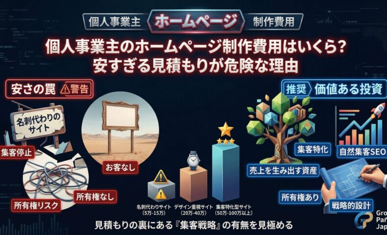 「個人事業主のホームページ制作費用はいくら？安すぎる見積もりが危険な理由」記事のアイキャッチ画像。5万〜15万円の「安さの罠（集客停止・所有権リスク）」と、50万〜100万円以上の「推奨される価値ある投資（集客特化・自然集客SEO）」を対比し、見積もりの裏にある集客戦略の有無を見極める重要性を表した図解。
