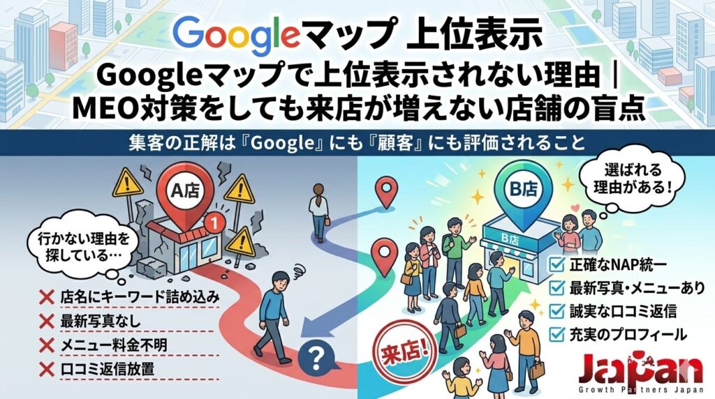 Googleマップで上位表示されない理由を、来店が増えない店舗と選ばれる店舗の違い、NAP統一や口コミ返信、写真・メニュー整備の差で表現したアイキャッチ画像