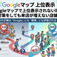 Googleマップで上位表示されない理由を、来店が増えない店舗と選ばれる店舗の違い、NAP統一や口コミ返信、写真・メニュー整備の差で表現したアイキャッチ画像