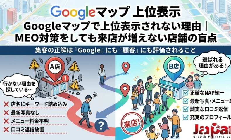 Googleマップで上位表示されない理由を、来店が増えない店舗と選ばれる店舗の違い、NAP統一や口コミ返信、写真・メニュー整備の差で表現したアイキャッチ画像