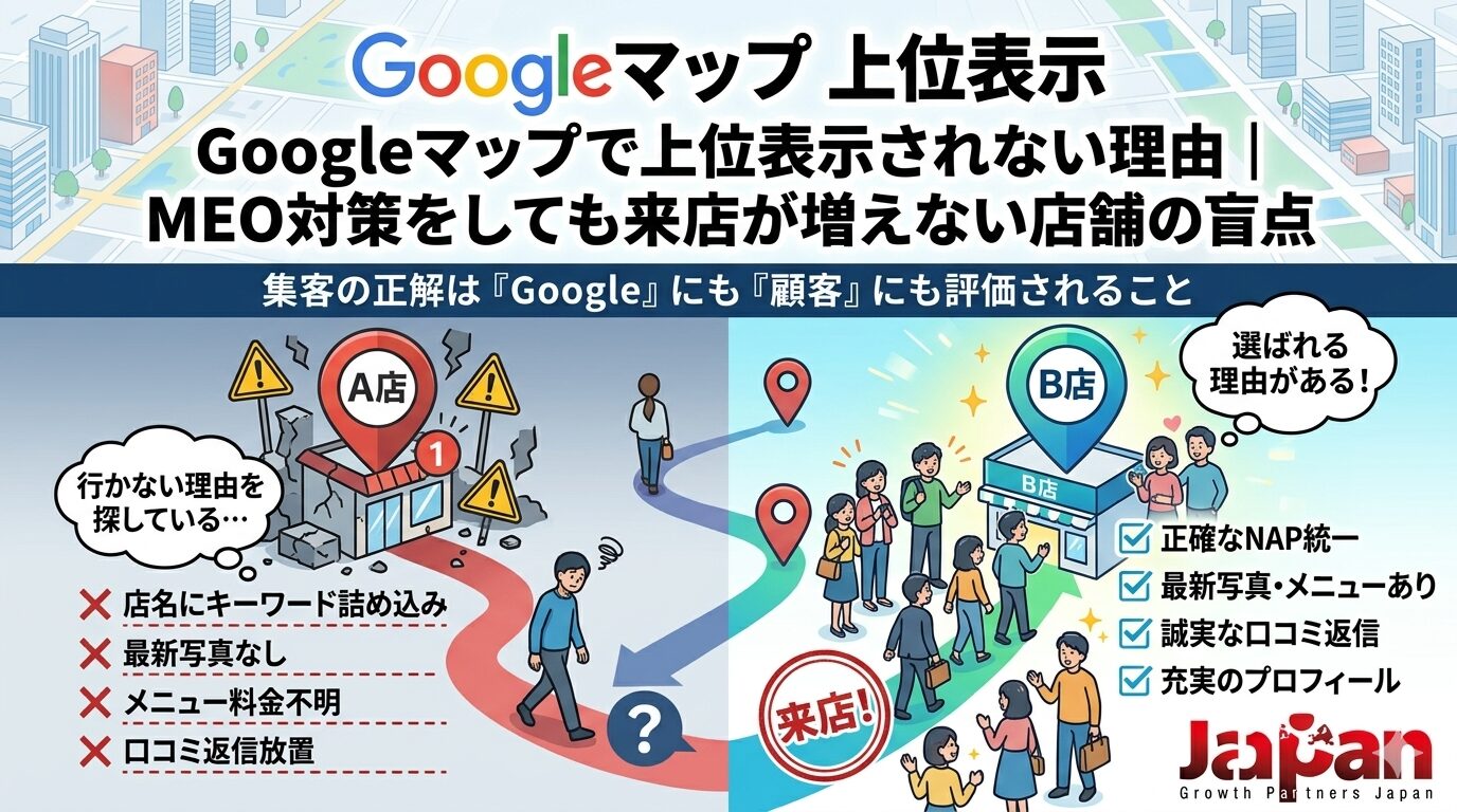 Googleマップで上位表示されない理由を、来店が増えない店舗と選ばれる店舗の違い、NAP統一や口コミ返信、写真・メニュー整備の差で表現したアイキャッチ画像