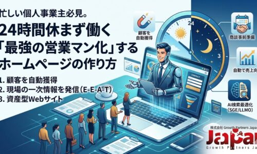 忙しい個人事業主向けに、ホームページを24時間働く「最強の営業マン」にする作り方を解説した図解。ノートパソコンから現れたAI営業マンの元に見込み客の行列が続いており、「顧客を自動獲得」「現場の一次情報を発信（E-E-A-T）」「AI検索最適化（SGE/LLMO）」によって自動で売上を向上させる資産型Webサイトの仕組みを描写しています。