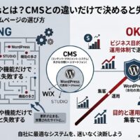 「WordPressとは？CMSとの違いだけで決めると失敗する理由」記事のアイキャッチ画像。ツール名や機能だけでCMSを選んで更新が止まるNG例（迷路）と、ビジネス目的や運用体制で選んで集客資産・売上につなげるOK例（右肩上がりの矢印）を対比させ、CMSとWordPressの関係性（スマホとiPhone）を視覚的に表現した図解。