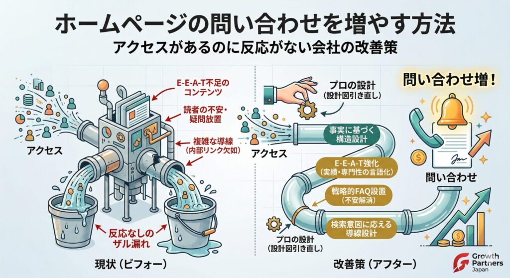 「ホームページの問い合わせを増やす方法」記事のアイキャッチ画像。左側はE-E-A-T不足や複雑な導線によりアクセスが漏れてしまう「反応なしのザル漏れ」の現状（ビフォー）。右側はプロの設計による事実に基づく構造設計、E-E-A-T強化、戦略的FAQ設置によってアクセスが「問い合わせ増」へと真っ直ぐ繋がる改善策（アフター）を比較した図解。