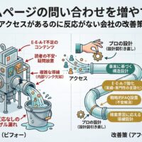 「ホームページの問い合わせを増やす方法」記事のアイキャッチ画像。左側はE-E-A-T不足や複雑な導線によりアクセスが漏れてしまう「反応なしのザル漏れ」の現状（ビフォー）。右側はプロの設計による事実に基づく構造設計、E-E-A-T強化、戦略的FAQ設置によってアクセスが「問い合わせ増」へと真っ直ぐ繋がる改善策（アフター）を比較した図解。