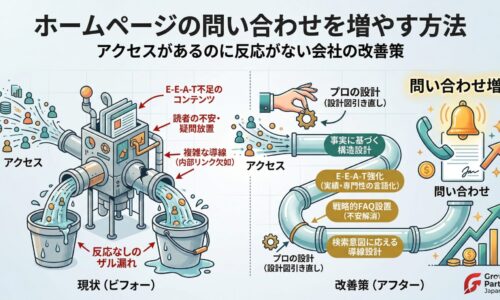 「ホームページの問い合わせを増やす方法」記事のアイキャッチ画像。左側はE-E-A-T不足や複雑な導線によりアクセスが漏れてしまう「反応なしのザル漏れ」の現状(ビフォー)。右側はプロの設計による事実に基づく構造設計、E-E-A-T強化、戦略的FAQ設置によってアクセスが「問い合わせ増」へと真っ直ぐ繋がる改善策(アフター)を比較した図解。