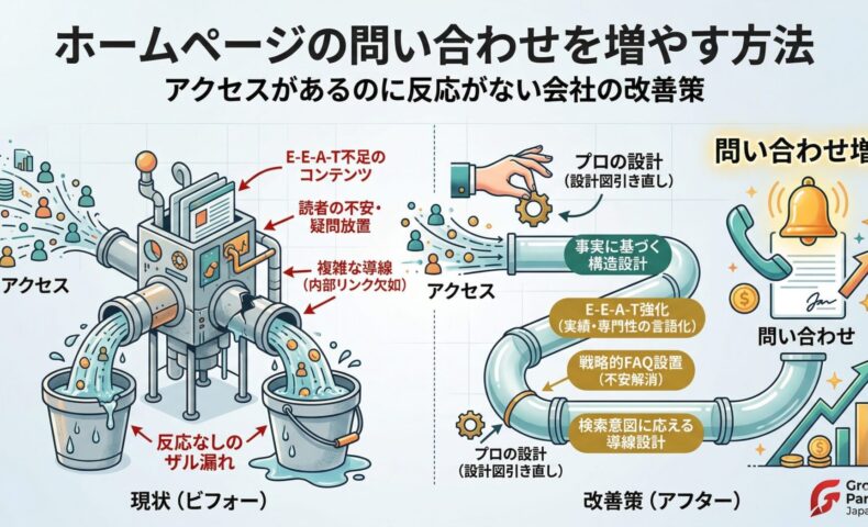 「ホームページの問い合わせを増やす方法」記事のアイキャッチ画像。左側はE-E-A-T不足や複雑な導線によりアクセスが漏れてしまう「反応なしのザル漏れ」の現状（ビフォー）。右側はプロの設計による事実に基づく構造設計、E-E-A-T強化、戦略的FAQ設置によってアクセスが「問い合わせ増」へと真っ直ぐ繋がる改善策（アフター）を比較した図解。
