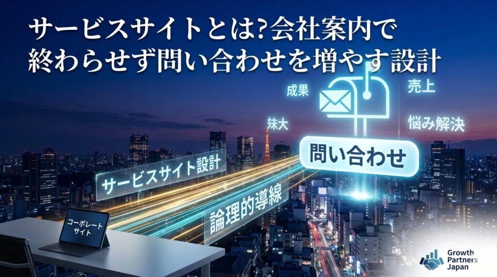 サービスサイトとは何かを、会社案内サイトから論理的導線を通じて問い合わせ獲得につなげる設計イメージで表したアイキャッチ画像