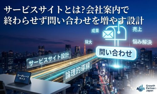 サービスサイトとは何かを、会社案内サイトから論理的導線を通じて問い合わせ獲得につなげる設計イメージで表したアイキャッチ画像