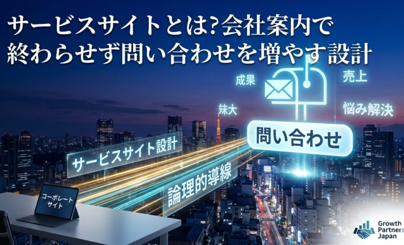 サービスサイトとは何かを、会社案内サイトから論理的導線を通じて問い合わせ獲得につなげる設計イメージで表したアイキャッチ画像