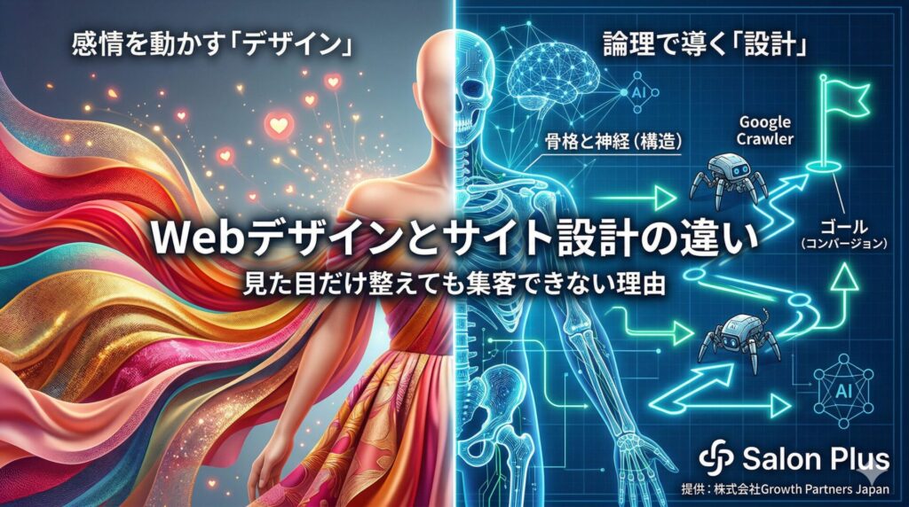 Webデザインとサイト設計の違いを図解：感情を動かす表面的な「見た目（デザイン）」と、GoogleクローラーやAIをコンバージョンへ論理的に導く「骨格と神経（サイト設計）」の対比