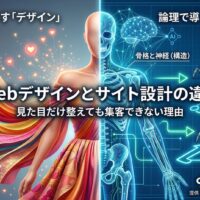 Webデザインとサイト設計の違いを図解：感情を動かす表面的な「見た目（デザイン）」と、GoogleクローラーやAIをコンバージョンへ論理的に導く「骨格と神経（サイト設計）」の対比