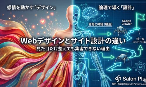 Webデザインとサイト設計の違いを図解：感情を動かす表面的な「見た目（デザイン）」と、GoogleクローラーやAIをコンバージョンへ論理的に導く「骨格と神経（サイト設計）」の対比