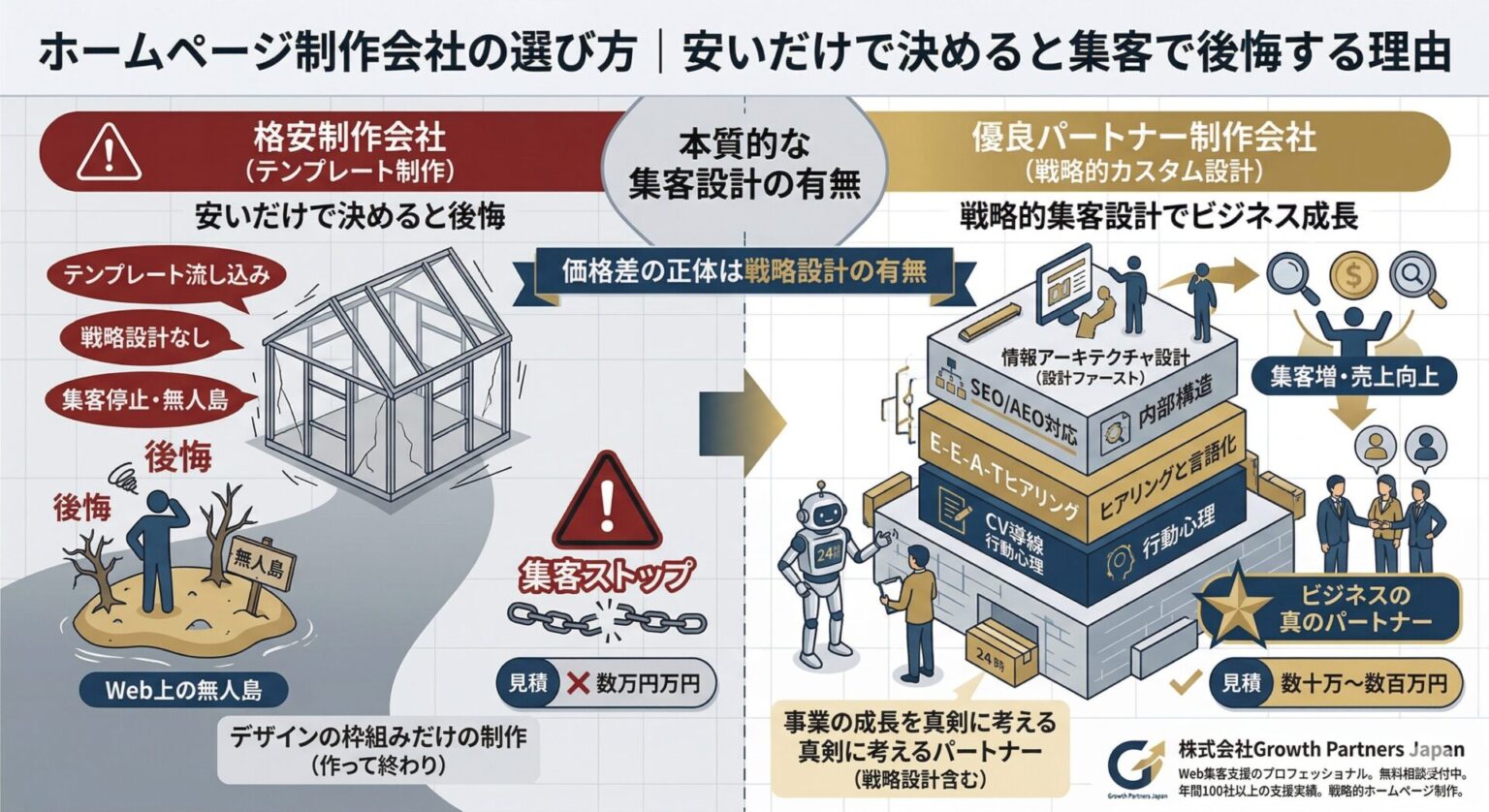 「ホームページ制作会社の選び方」記事のアイキャッチ画像。安いだけで決めると戦略設計がなく「Web上の無人島」になり後悔する格安制作会社と、E-E-A-TヒアリングやSEO設計・CV導線などの「戦略的集客設計」を行い売上向上に導く優良パートナー制作会社の違いを比較した図解。