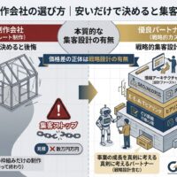 「ホームページ制作会社の選び方」記事のアイキャッチ画像。安いだけで決めると戦略設計がなく「Web上の無人島」になり後悔する格安制作会社と、E-E-A-TヒアリングやSEO設計・CV導線などの「戦略的集客設計」を行い売上向上に導く優良パートナー制作会社の違いを比較した図解。