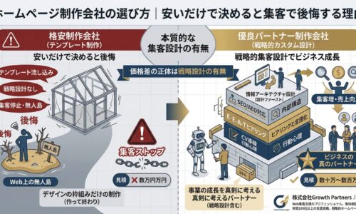 「ホームページ制作会社の選び方」記事のアイキャッチ画像。安いだけで決めると戦略設計がなく「Web上の無人島」になり後悔する格安制作会社と、E-E-A-TヒアリングやSEO設計・CV導線などの「戦略的集客設計」を行い売上向上に導く優良パートナー制作会社の違いを比較した図解。