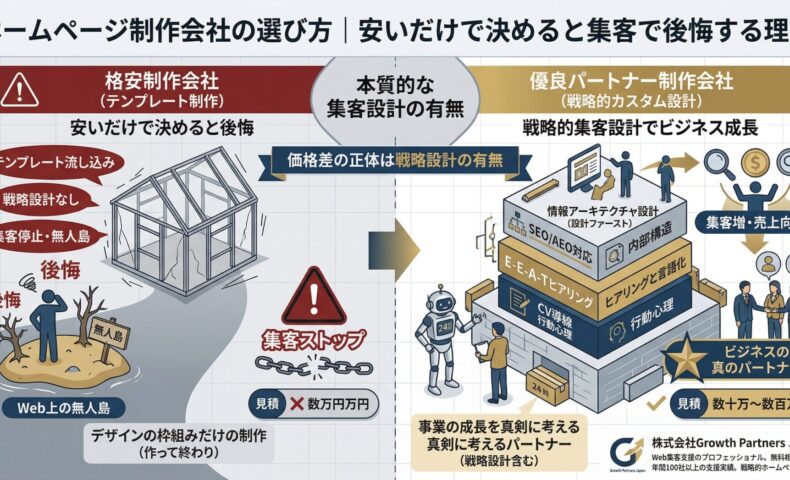 「ホームページ制作会社の選び方」記事のアイキャッチ画像。安いだけで決めると戦略設計がなく「Web上の無人島」になり後悔する格安制作会社と、E-E-A-TヒアリングやSEO設計・CV導線などの「戦略的集客設計」を行い売上向上に導く優良パートナー制作会社の違いを比較した図解。