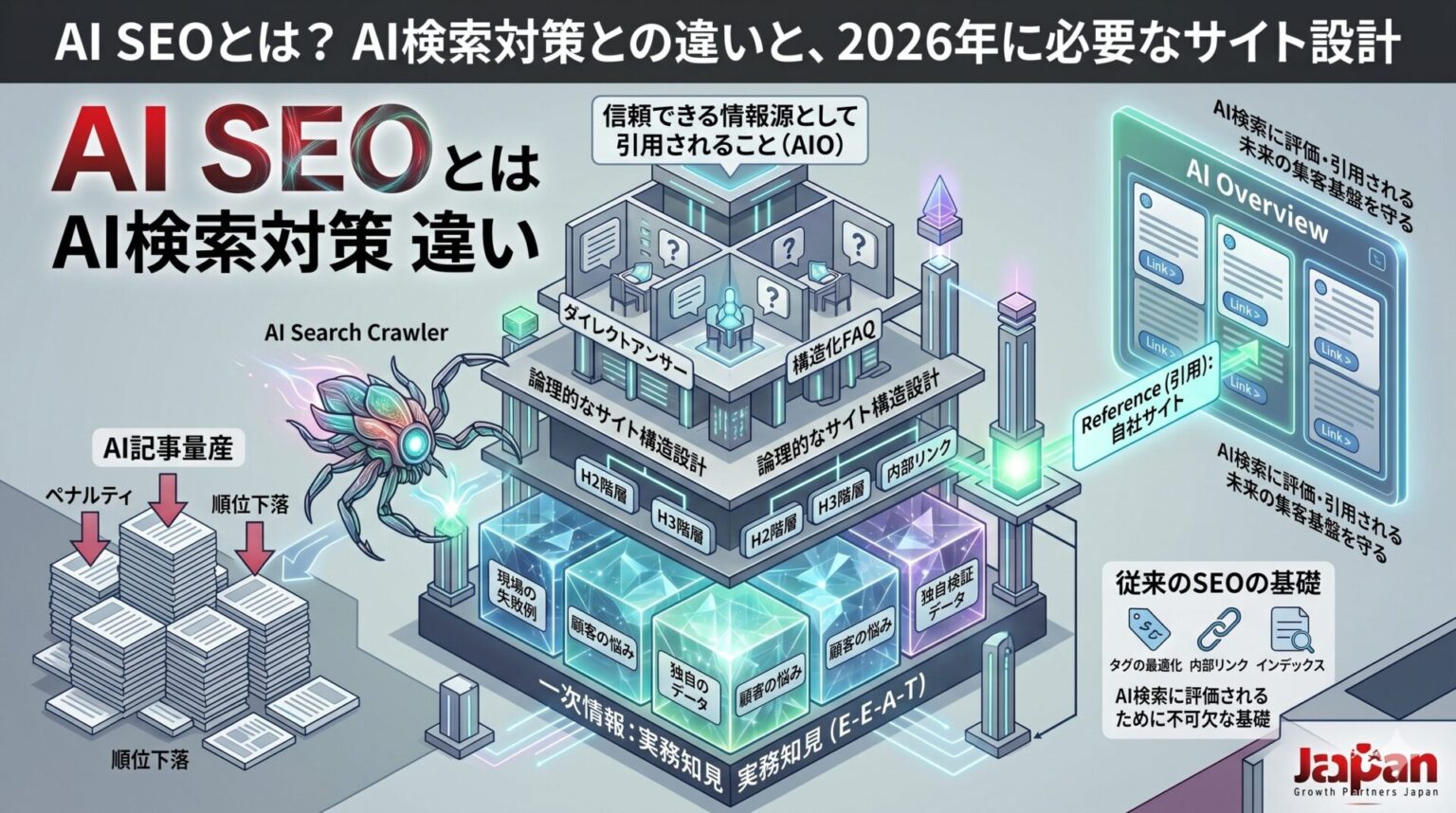「AI SEOとは？AI検索対策との違いと、2026年に必要なサイト設計」記事のアイキャッチ画像。左側にAI記事の量産による順位下落（ペナルティ）のリスクを描写。中央から右側にかけては、現場の失敗例や独自のデータといった一次情報（E-E-A-T）を土台とし、ダイレクトアンサーや構造化FAQを用いた「論理的なサイト構造」がAIクローラーに正しく評価され、AI Overview（AI検索）で信頼できる情報源として自社サイトが引用されるまでの正しいAIO（AI検索最適化）のプロセスを対比させた図解。
