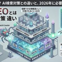 「AI SEOとは？AI検索対策との違いと、2026年に必要なサイト設計」記事のアイキャッチ画像。左側にAI記事の量産による順位下落（ペナルティ）のリスクを描写。中央から右側にかけては、現場の失敗例や独自のデータといった一次情報（E-E-A-T）を土台とし、ダイレクトアンサーや構造化FAQを用いた「論理的なサイト構造」がAIクローラーに正しく評価され、AI Overview（AI検索）で信頼できる情報源として自社サイトが引用されるまでの正しいAIO（AI検索最適化）のプロセスを対比させた図解。