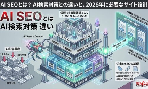 「AI SEOとは？AI検索対策との違いと、2026年に必要なサイト設計」記事のアイキャッチ画像。左側にAI記事の量産による順位下落（ペナルティ）のリスクを描写。中央から右側にかけては、現場の失敗例や独自のデータといった一次情報（E-E-A-T）を土台とし、ダイレクトアンサーや構造化FAQを用いた「論理的なサイト構造」がAIクローラーに正しく評価され、AI Overview（AI検索）で信頼できる情報源として自社サイトが引用されるまでの正しいAIO（AI検索最適化）のプロセスを対比させた図解。