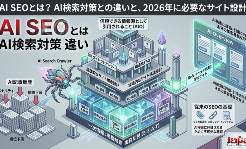 「AI SEOとは？AI検索対策との違いと、2026年に必要なサイト設計」記事のアイキャッチ画像。左側にAI記事の量産による順位下落（ペナルティ）のリスクを描写。中央から右側にかけては、現場の失敗例や独自のデータといった一次情報（E-E-A-T）を土台とし、ダイレクトアンサーや構造化FAQを用いた「論理的なサイト構造」がAIクローラーに正しく評価され、AI Overview（AI検索）で信頼できる情報源として自社サイトが引用されるまでの正しいAIO（AI検索最適化）のプロセスを対比させた図解。