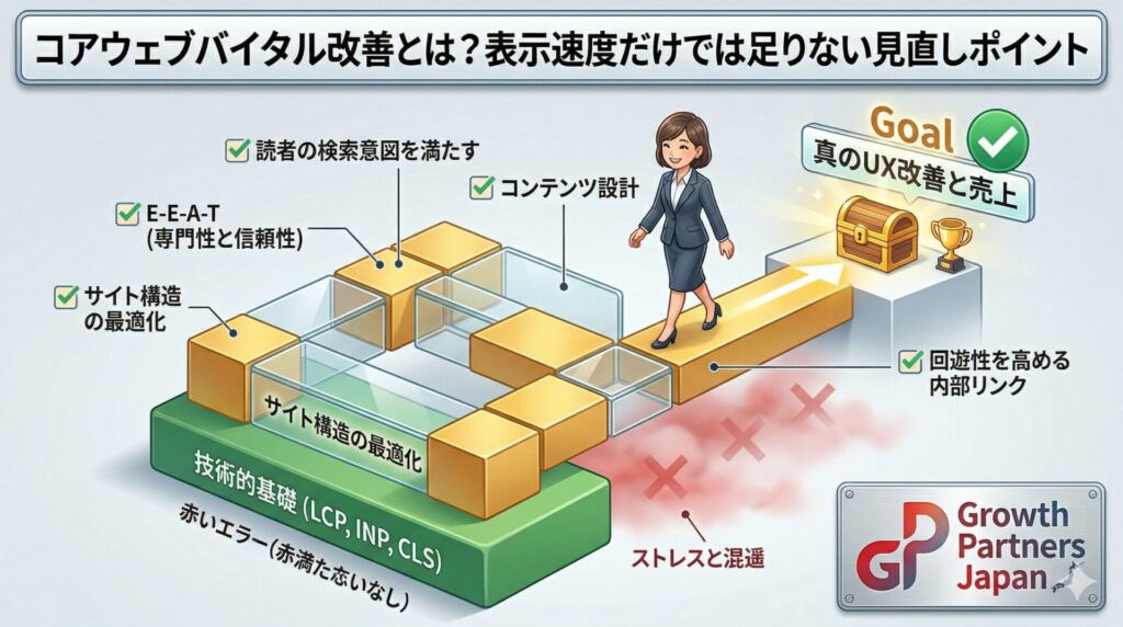 コアウェブバイタルの本質的な改善方法を図解：表示速度などの技術的基礎の上に、サイト構造の最適化やE-E-A-Tを満たすコンテンツ設計を構築し、真のUX改善と売上へ導くステップ