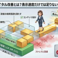 コアウェブバイタルの本質的な改善方法を図解：表示速度などの技術的基礎の上に、サイト構造の最適化やE-E-A-Tを満たすコンテンツ設計を構築し、真のUX改善と売上へ導くステップ