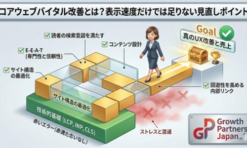 コアウェブバイタルの本質的な改善方法を図解：表示速度などの技術的基礎の上に、サイト構造の最適化やE-E-A-Tを満たすコンテンツ設計を構築し、真のUX改善と売上へ導くステップ