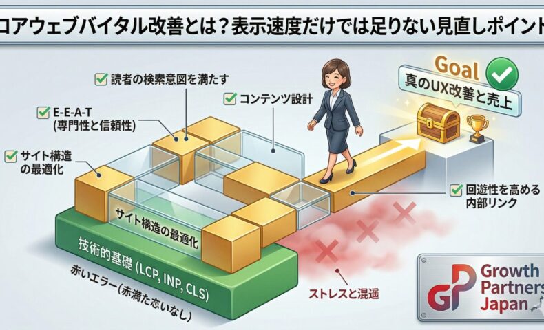 コアウェブバイタルの本質的な改善方法を図解：表示速度などの技術的基礎の上に、サイト構造の最適化やE-E-A-Tを満たすコンテンツ設計を構築し、真のUX改善と売上へ導くステップ