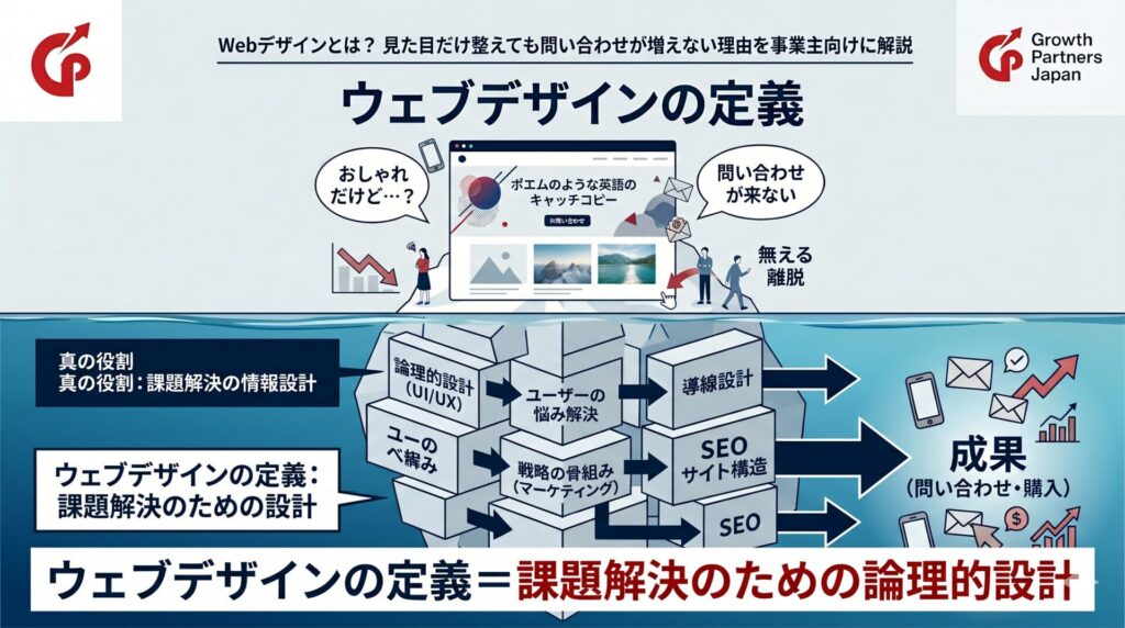 「ウェブデザインの定義とは？見た目だけ整えても問い合わせが増えない理由」記事のアイキャッチ画像。ウェブデザインを氷山に例えた図解。水面上の「おしゃれな見た目」だけでは離脱されるが、水面下の「論理的設計（UI/UX）」「マーケティング戦略」「SEO・導線設計」といった見えない構造を整えることで、初めて「成果（問い合わせ・購入）」に繋がるという真の役割を視覚的に表現。