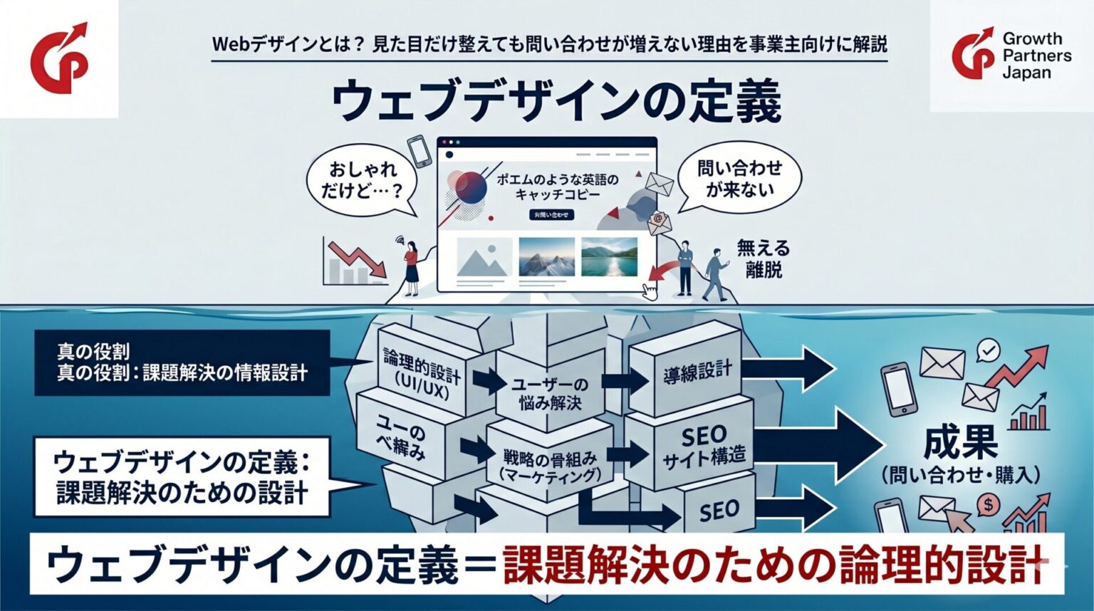 「ウェブデザインの定義とは？見た目だけ整えても問い合わせが増えない理由」記事のアイキャッチ画像。ウェブデザインを氷山に例えた図解。水面上の「おしゃれな見た目」だけでは離脱されるが、水面下の「論理的設計（UI/UX）」「マーケティング戦略」「SEO・導線設計」といった見えない構造を整えることで、初めて「成果（問い合わせ・購入）」に繋がるという真の役割を視覚的に表現。