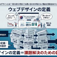 「ウェブデザインの定義とは？見た目だけ整えても問い合わせが増えない理由」記事のアイキャッチ画像。ウェブデザインを氷山に例えた図解。水面上の「おしゃれな見た目」だけでは離脱されるが、水面下の「論理的設計（UI/UX）」「マーケティング戦略」「SEO・導線設計」といった見えない構造を整えることで、初めて「成果（問い合わせ・購入）」に繋がるという真の役割を視覚的に表現。