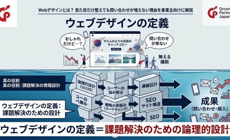 「ウェブデザインの定義とは？見た目だけ整えても問い合わせが増えない理由」記事のアイキャッチ画像。ウェブデザインを氷山に例えた図解。水面上の「おしゃれな見た目」だけでは離脱されるが、水面下の「論理的設計（UI/UX）」「マーケティング戦略」「SEO・導線設計」といった見えない構造を整えることで、初めて「成果（問い合わせ・購入）」に繋がるという真の役割を視覚的に表現。